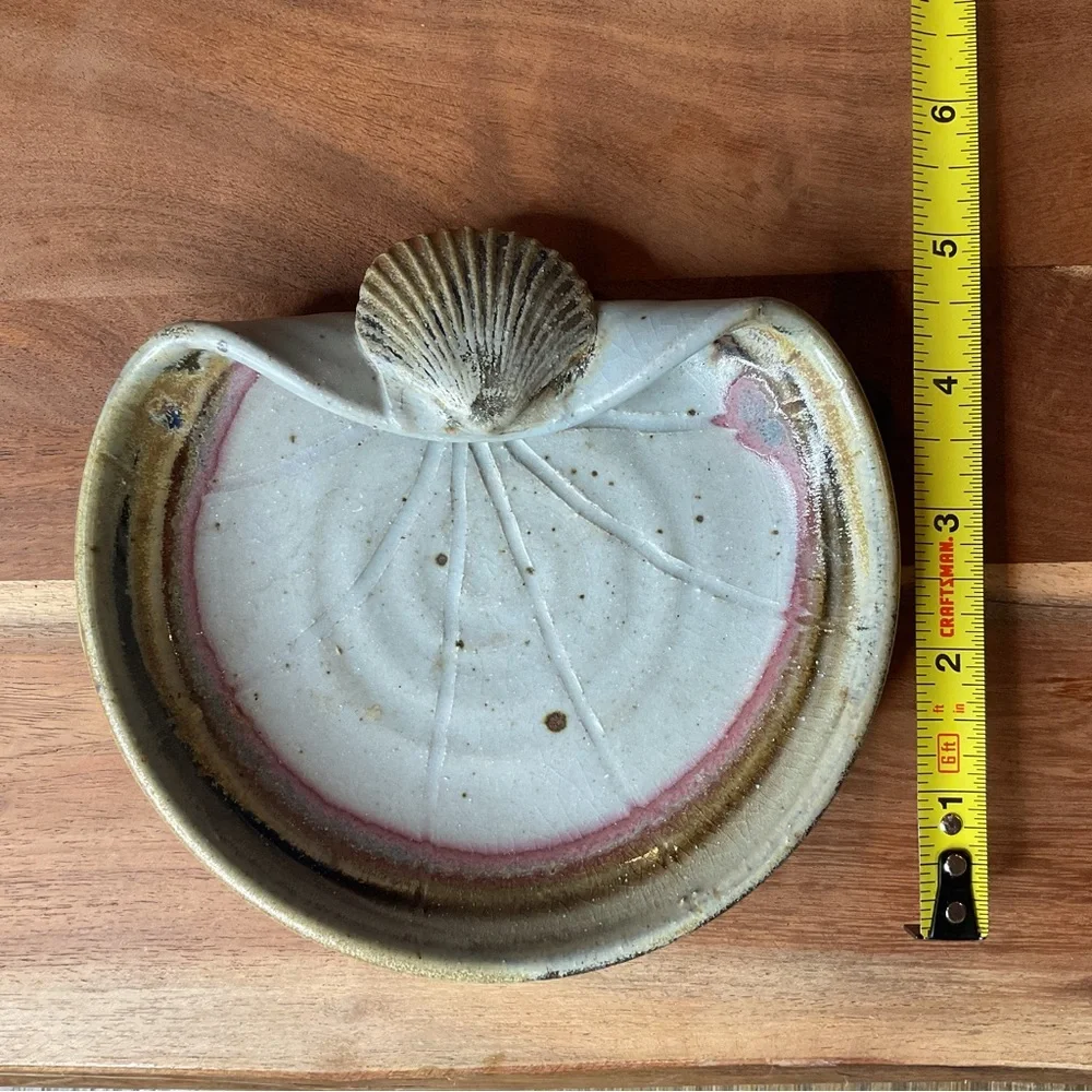 Studio Art Pottery Soap Dish Tray Beige Speckle Shell Cupcake Coastal Handmade